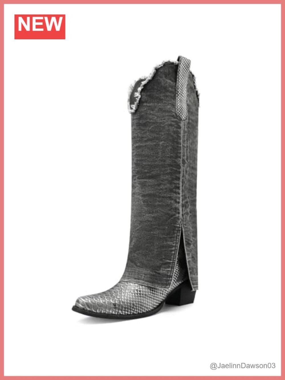 Denim Knee High Cowboy Boots Pointed Toe Block Heel Pull On Snap